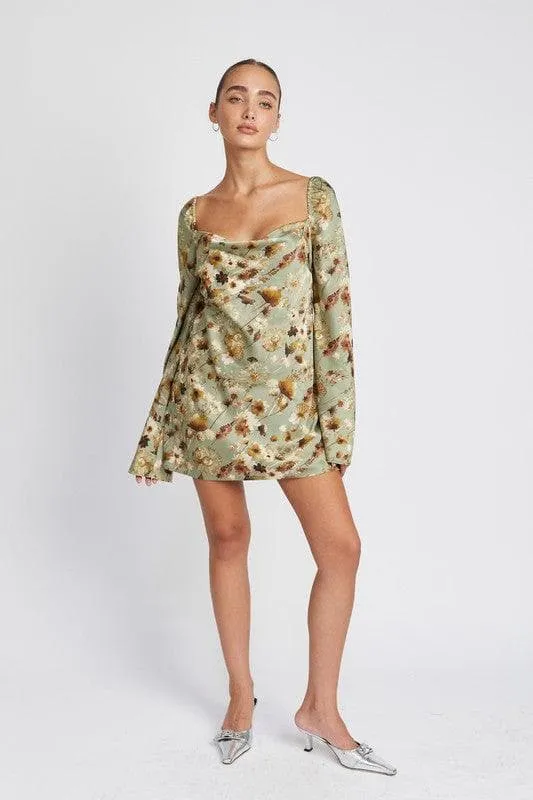 Marnie Floral Long Sleeve Mini Dress with Open Back