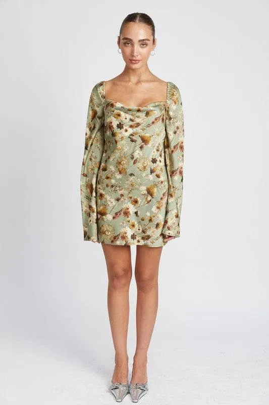 Marnie Floral Long Sleeve Mini Dress with Open Back