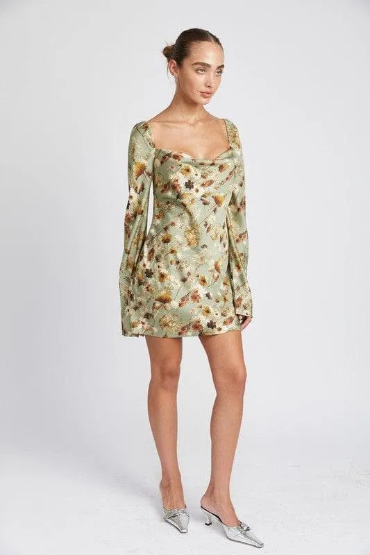 Marnie Floral Long Sleeve Mini Dress with Open Back