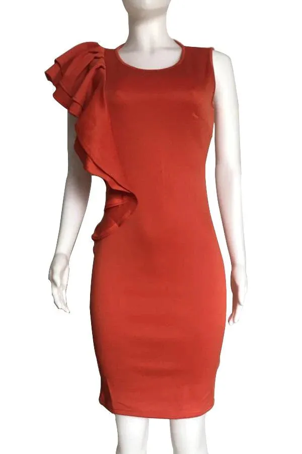MB FASHION Elegant Sleeveless Bodycon Dress with Ruffle Accent 0167