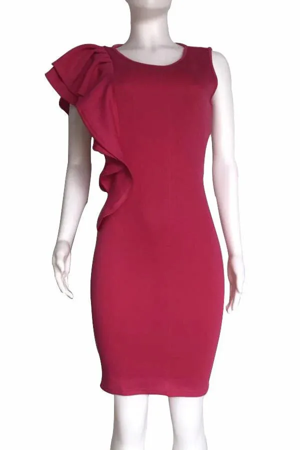 MB FASHION Elegant Sleeveless Bodycon Dress with Ruffle Accent 0167