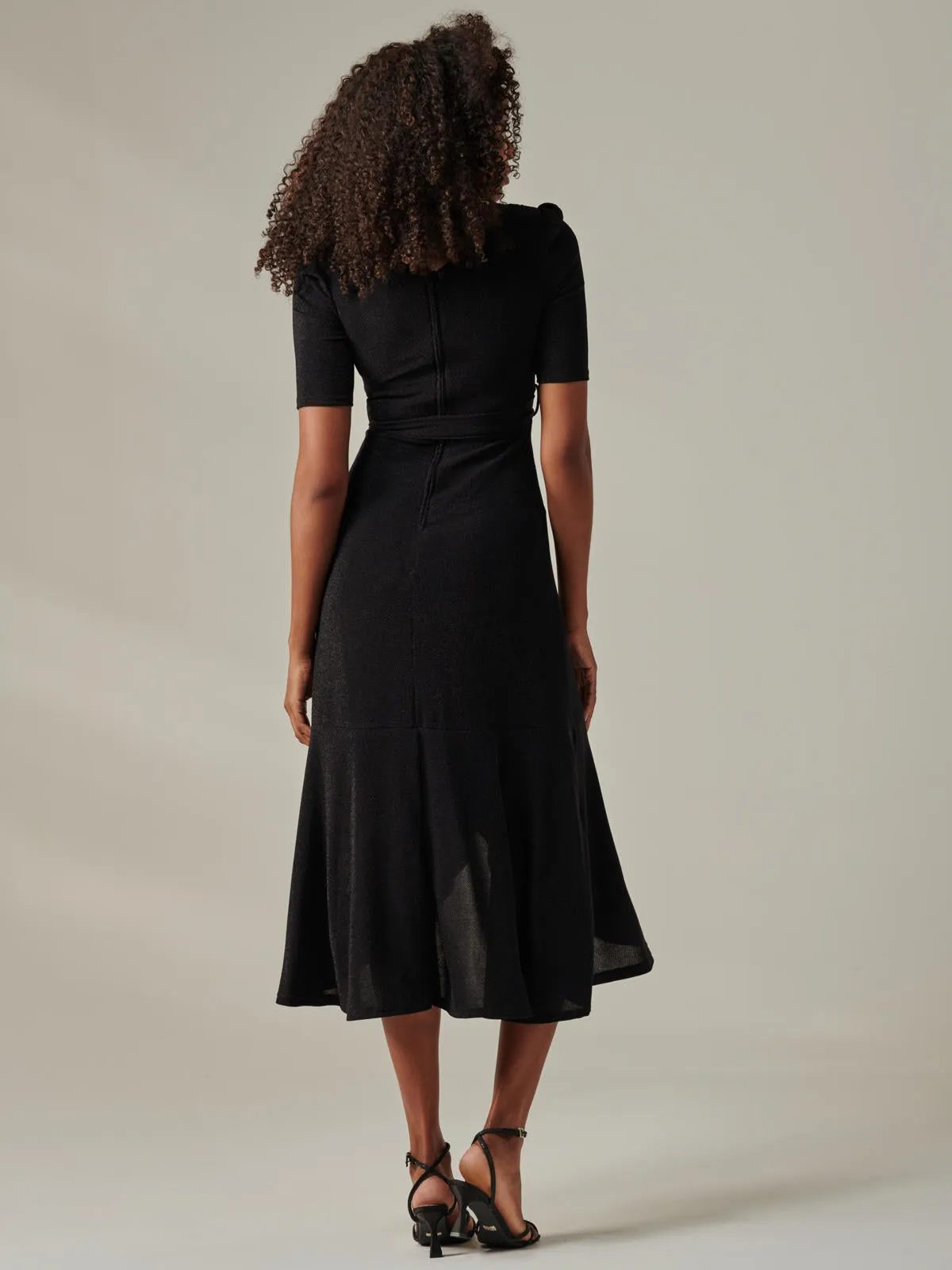 Metallic Tie Waist Wrapped Maxi Dress, Black