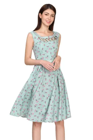 Mint with Purple Cherry Scoop Neck Lattice Detail A Line Cotton Dress with Pockets