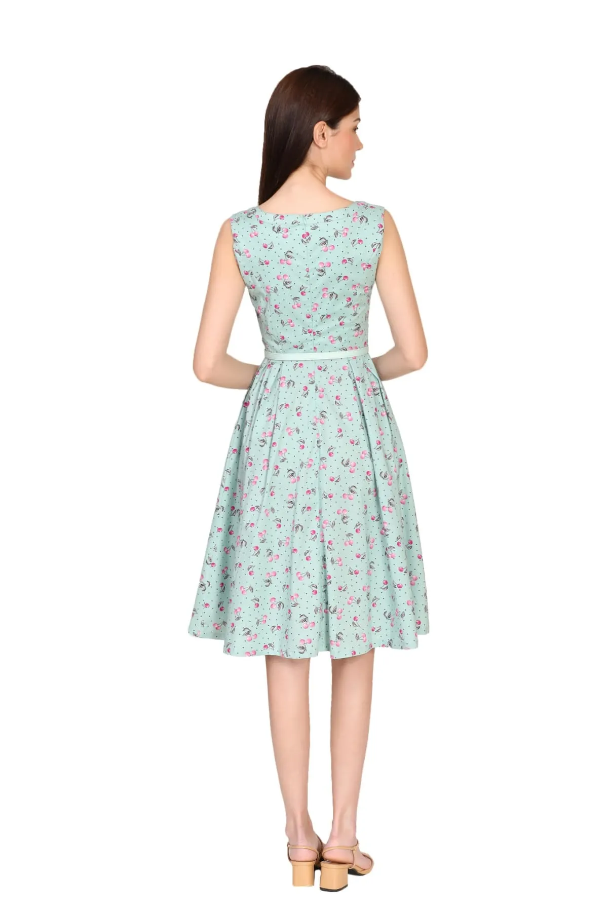 Mint with Purple Cherry Scoop Neck Lattice Detail A Line Cotton Dress with Pockets