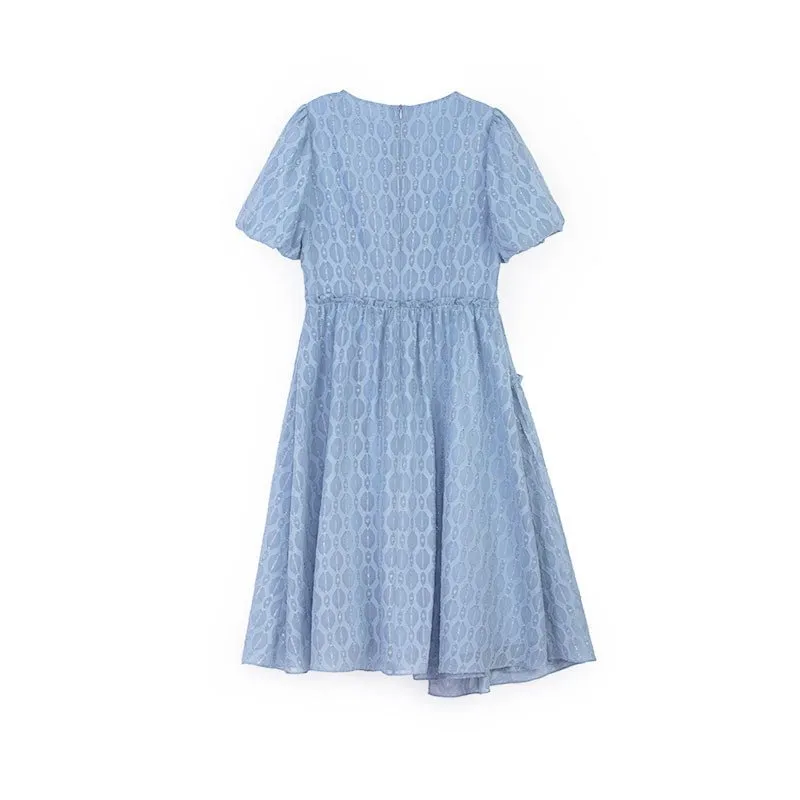 Mist Blue Puff Sleeve Rhombus Midi Dress
