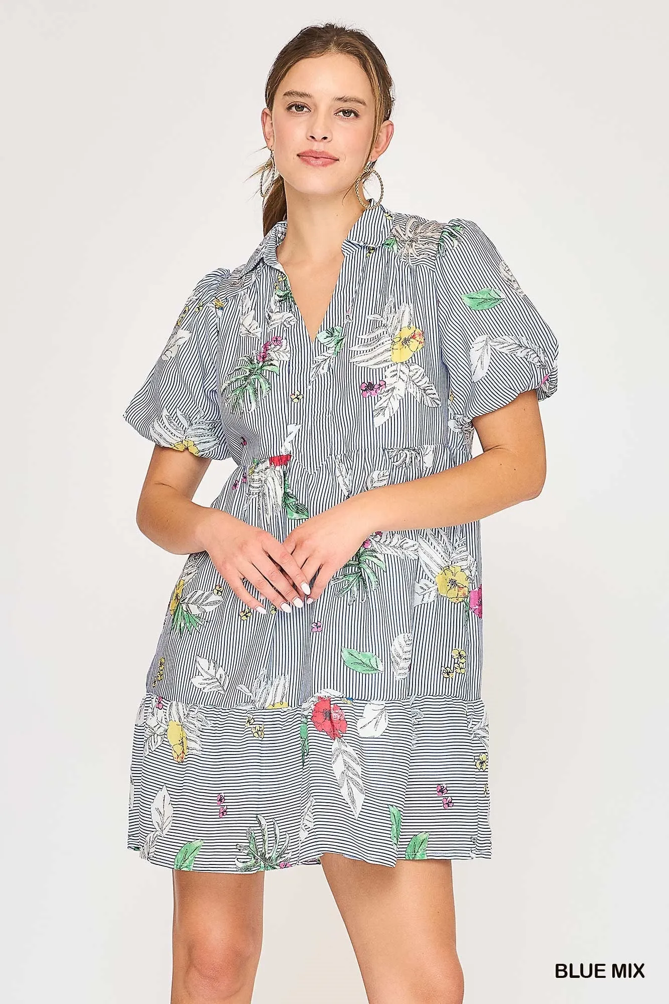 Mixed Print Collared Mini Dress