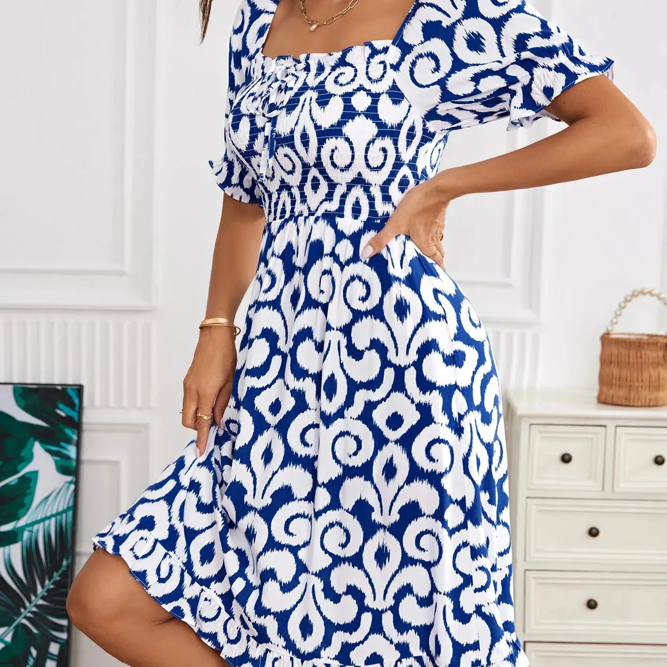 New Independent Women's Fashion Printed Dress with Waist Length Mid Length Dress for Effortless Style and Comfort
