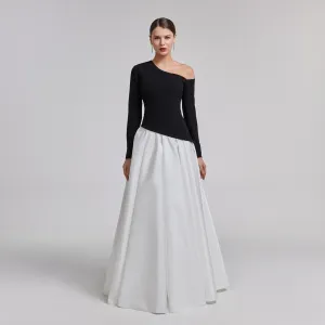 One-Shoulder Black & White Crepe and Taffeta Ball Gown