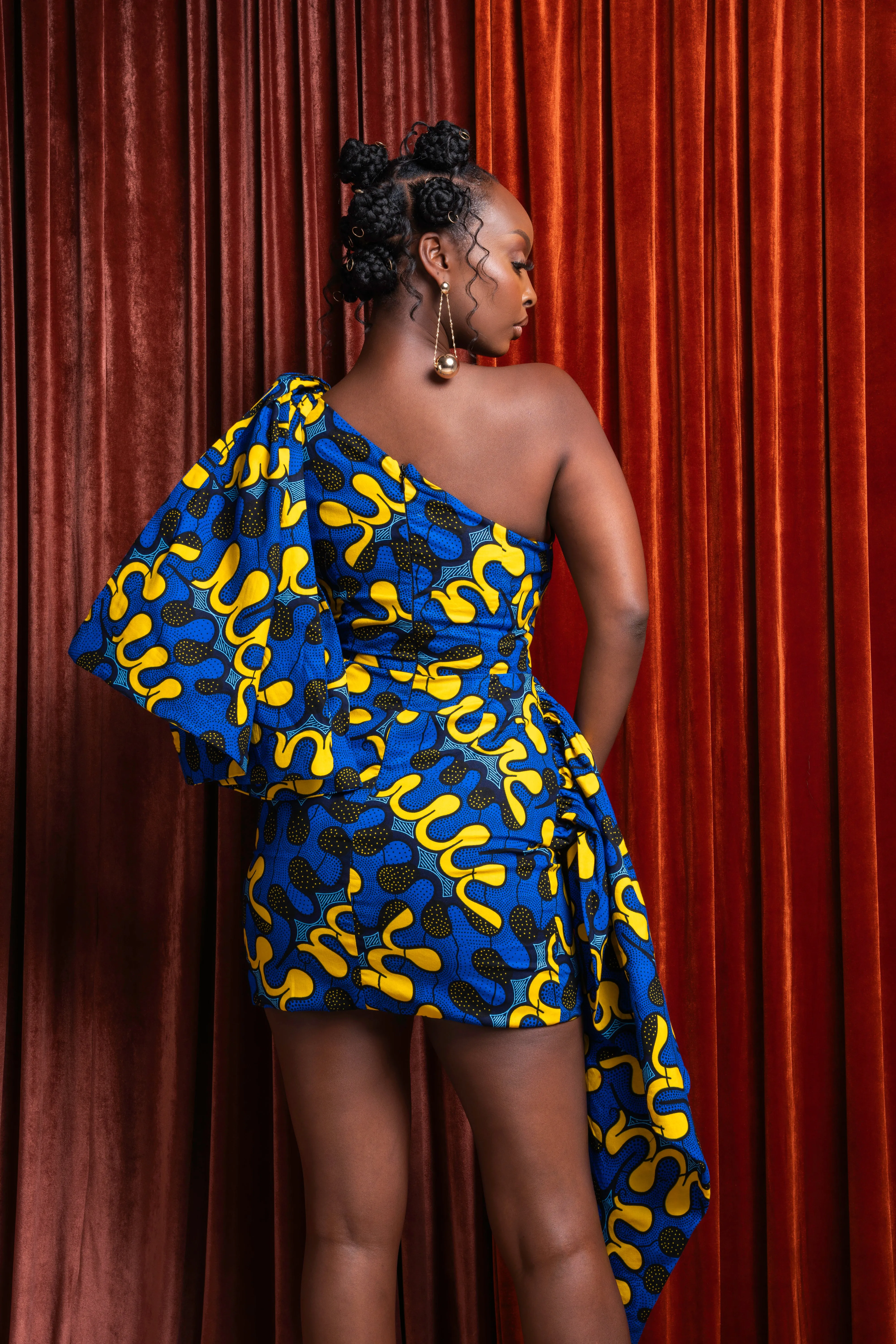 OPE African Print One Sleeve Drape Mini Dress