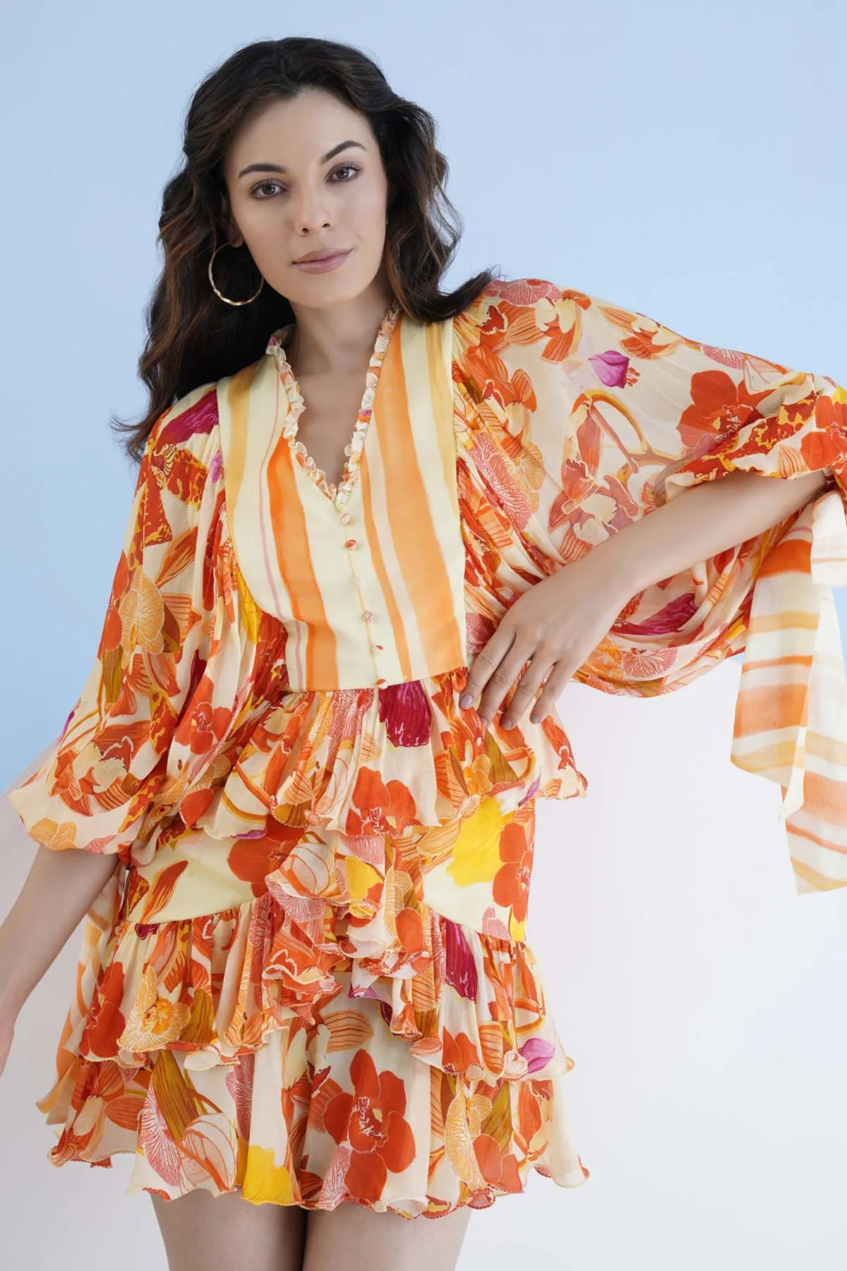 Orange Print Short Tiered Dress
