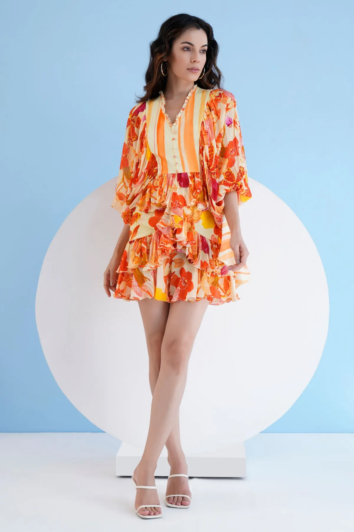 Orange Print Short Tiered Dress
