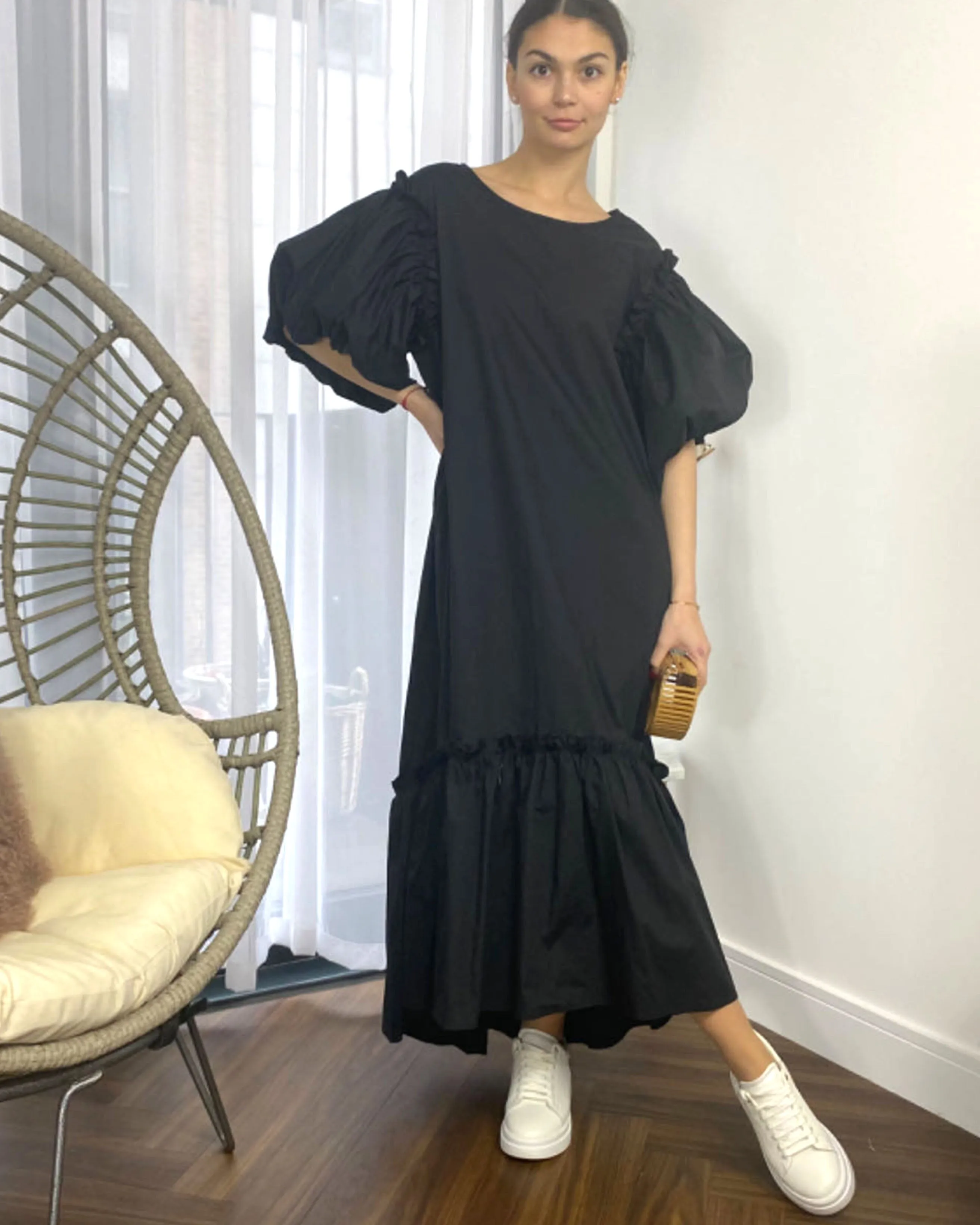 Oversized Puff Sleeves ruffle hem design Maxi dress in Black