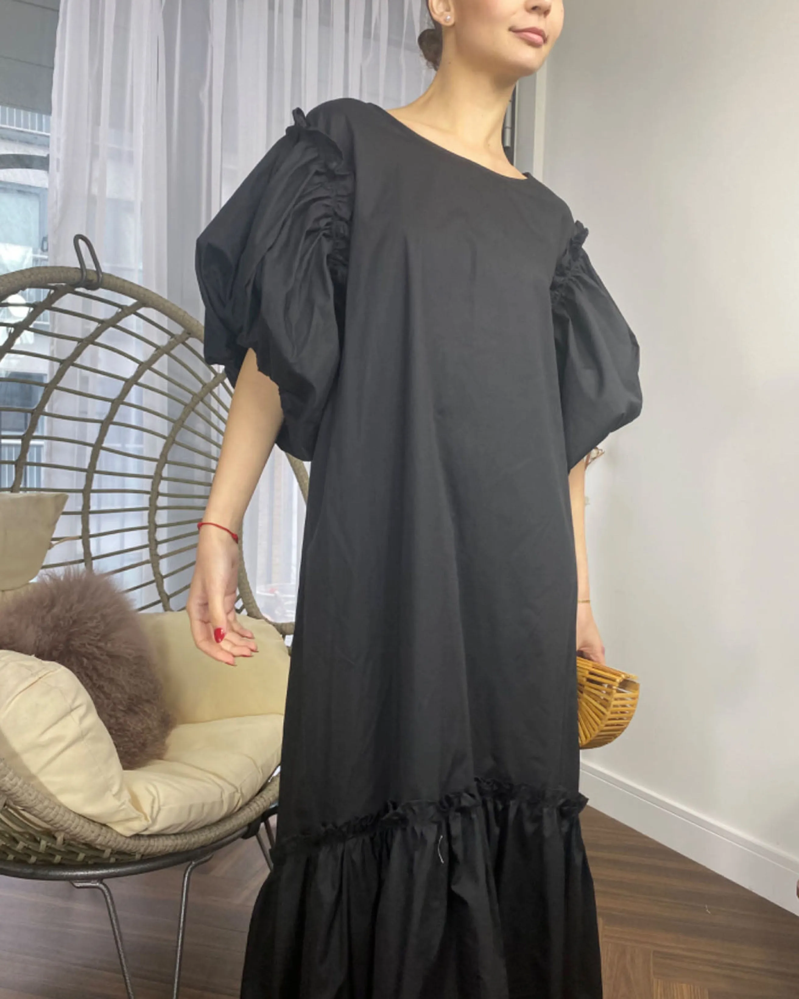 Oversized Puff Sleeves ruffle hem design Maxi dress in Black