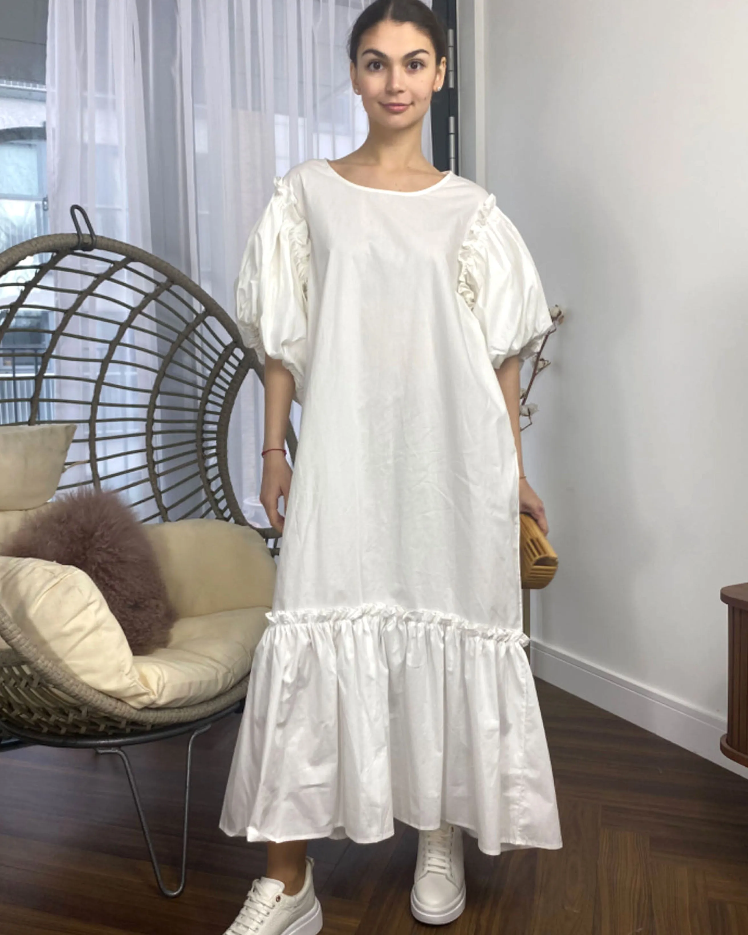 Oversized Puff Sleeves ruffle hem design Maxi dress