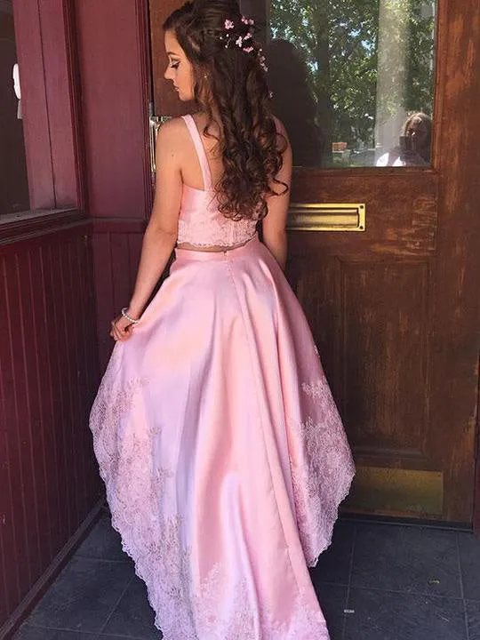 Pink Spaghetti-straps V-Neck Applique Two Piece Hi-Lo Homecoming Dresses, OP223