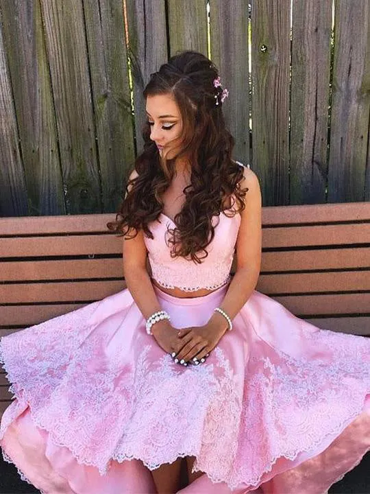 Pink Spaghetti-straps V-Neck Applique Two Piece Hi-Lo Homecoming Dresses, OP223