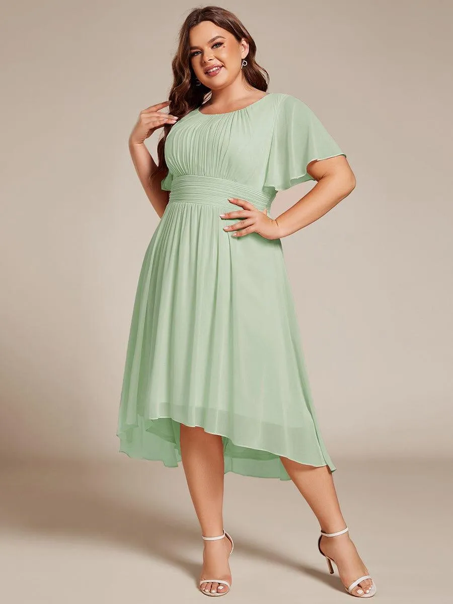 Plus Size Pleated Round Neckline A-Line Midi Chiffon Wedding Guest Dress