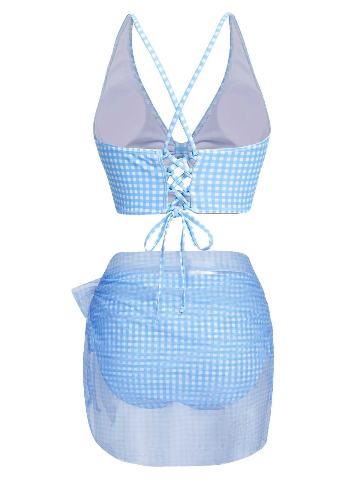 [Pre-Sale] 2PCS Blue 1950s Plaids Swimsuit & Mesh Cover-Up