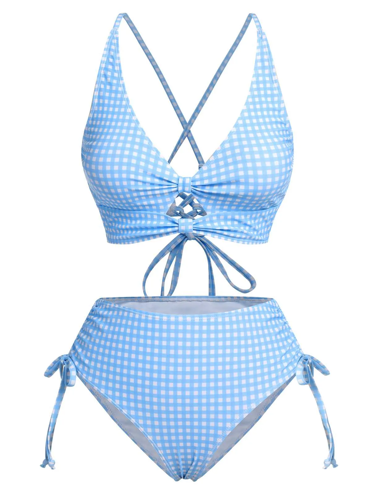 [Pre-Sale] 2PCS Blue 1950s Plaids Swimsuit & Mesh Cover-Up