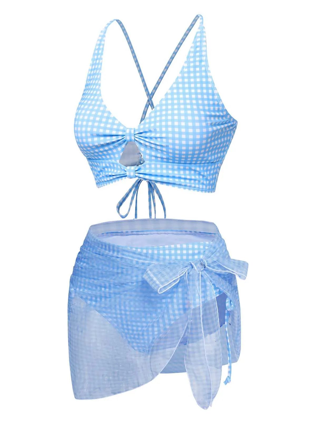 [Pre-Sale] 2PCS Blue 1950s Plaids Swimsuit & Mesh Cover-Up