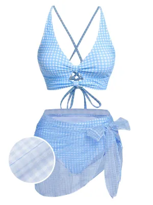 [Pre-Sale] 2PCS Blue 1950s Plaids Swimsuit & Mesh Cover-Up