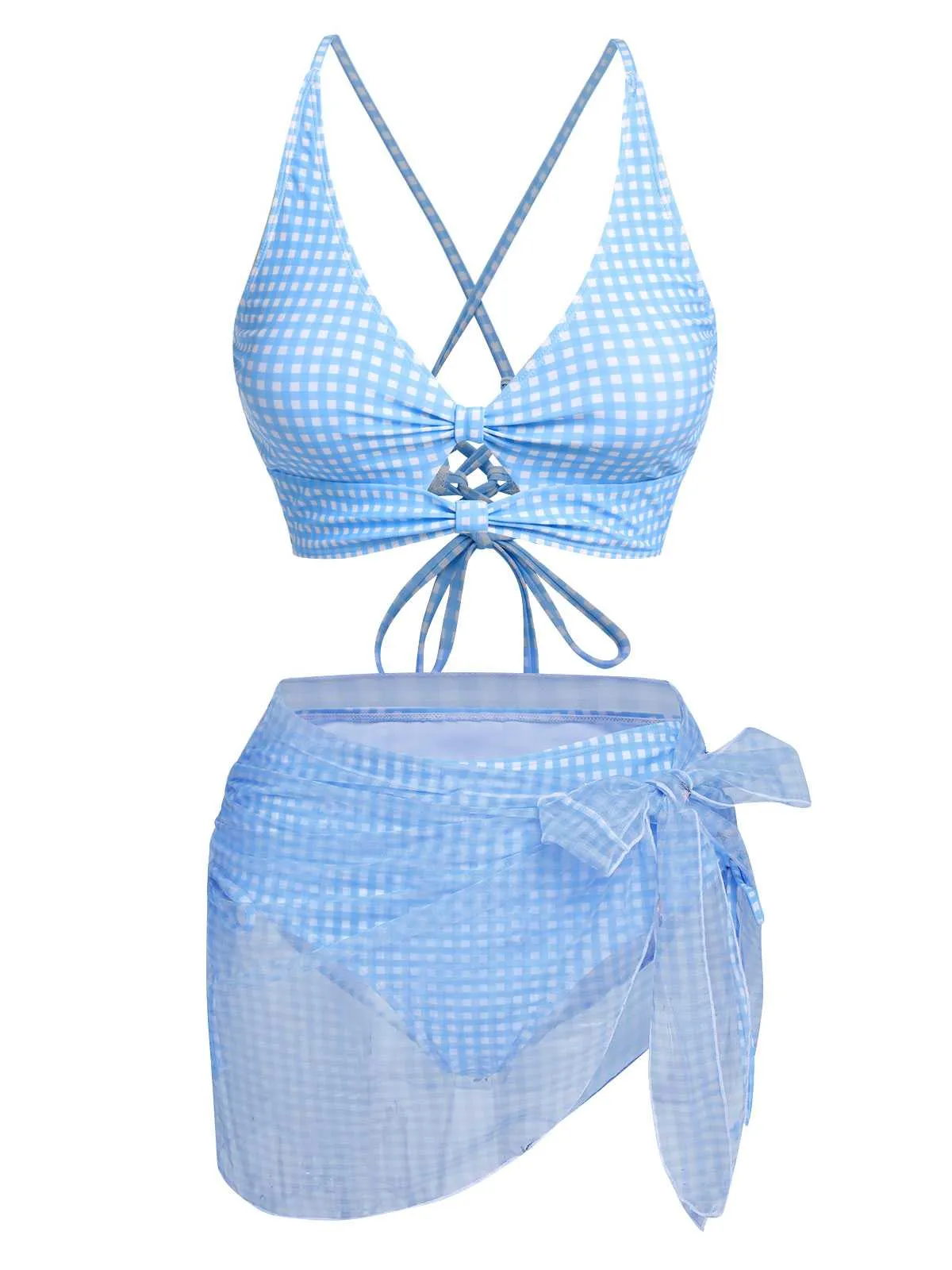 [Pre-Sale] 2PCS Blue 1950s Plaids Swimsuit & Mesh Cover-Up