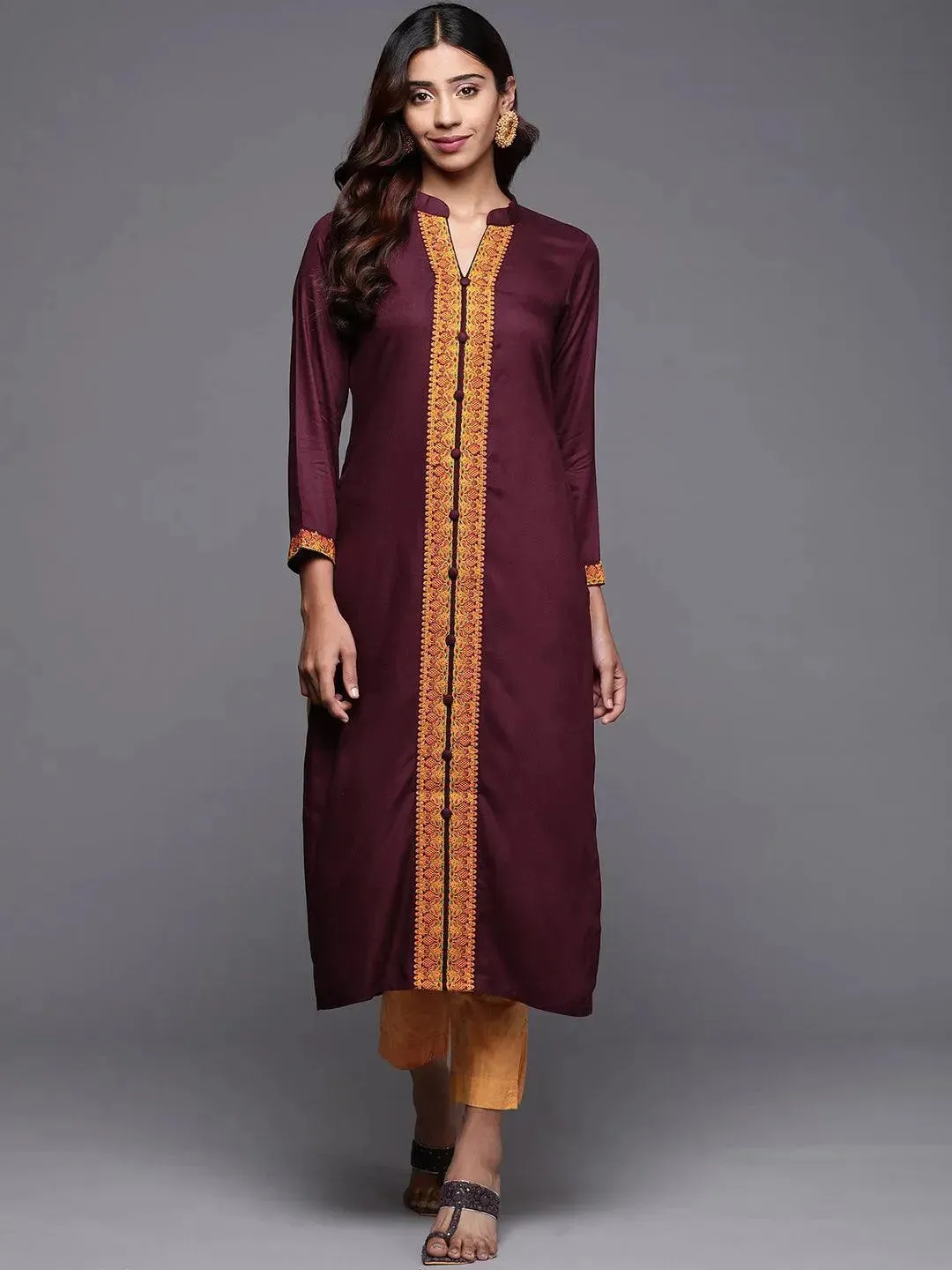 Purple Embroidered Pashmina Wool Straight Kurta