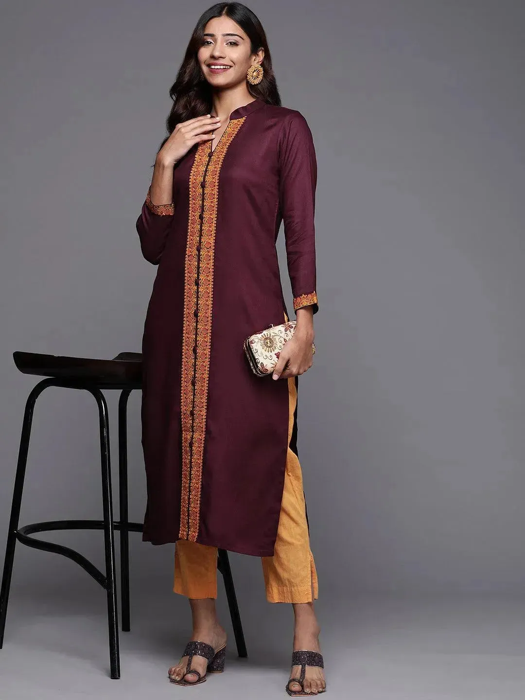 Purple Embroidered Pashmina Wool Straight Kurta