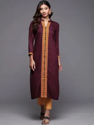Purple Embroidered Pashmina Wool Straight Kurta