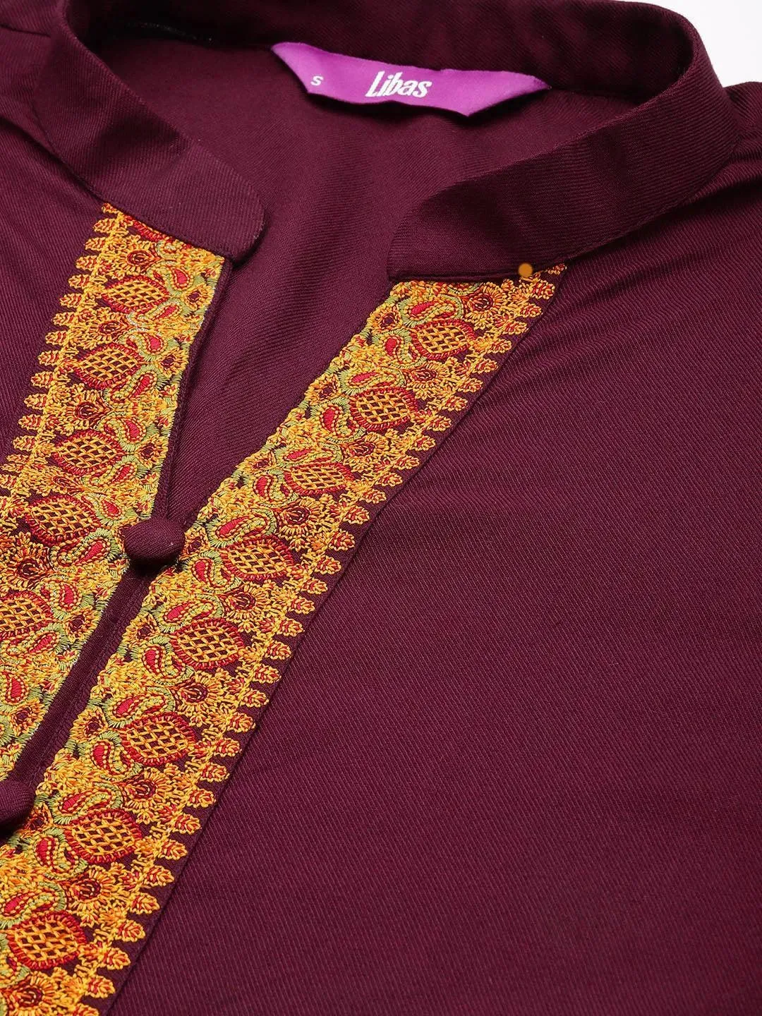 Purple Embroidered Pashmina Wool Straight Kurta