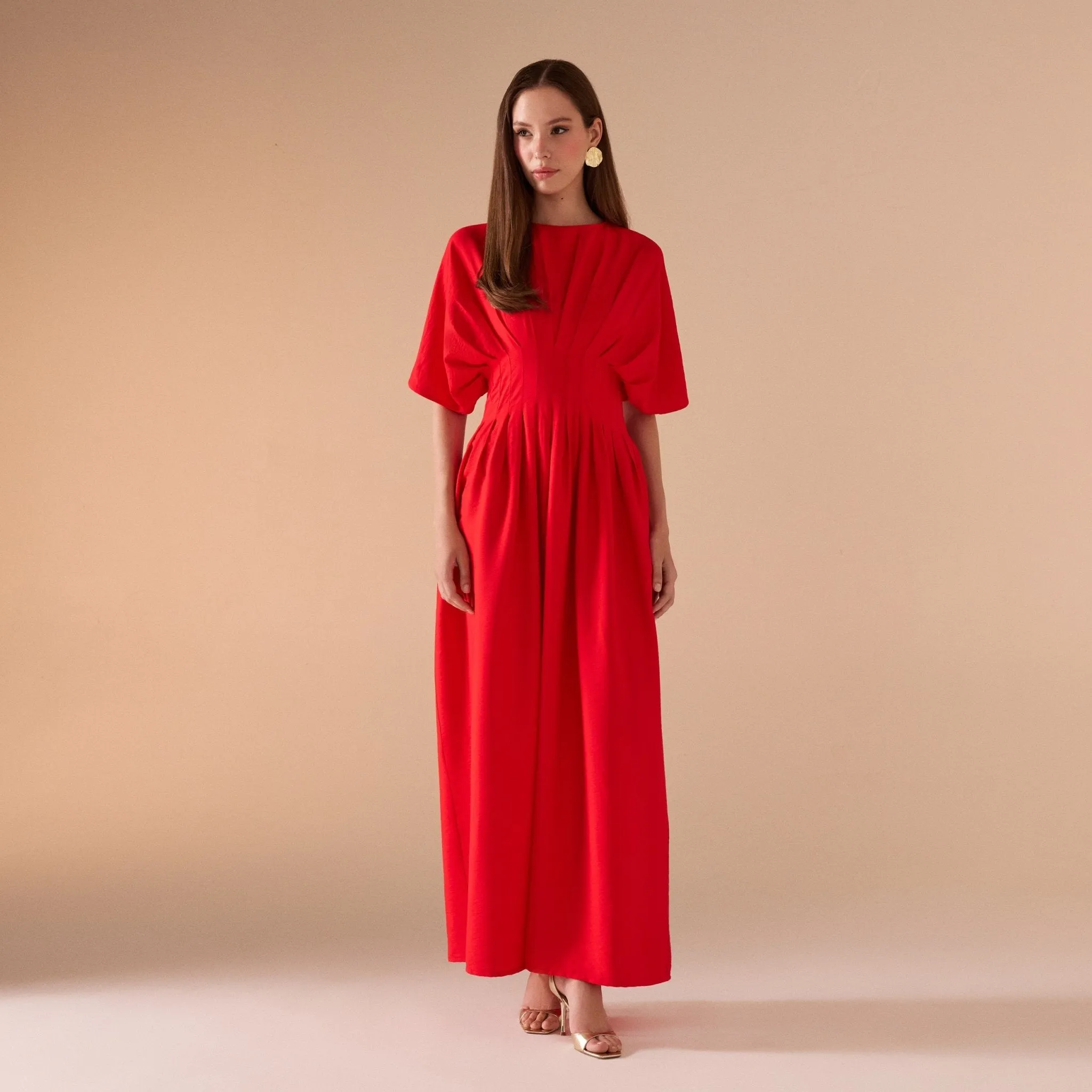 Red Ruched Waist Viscose Dress