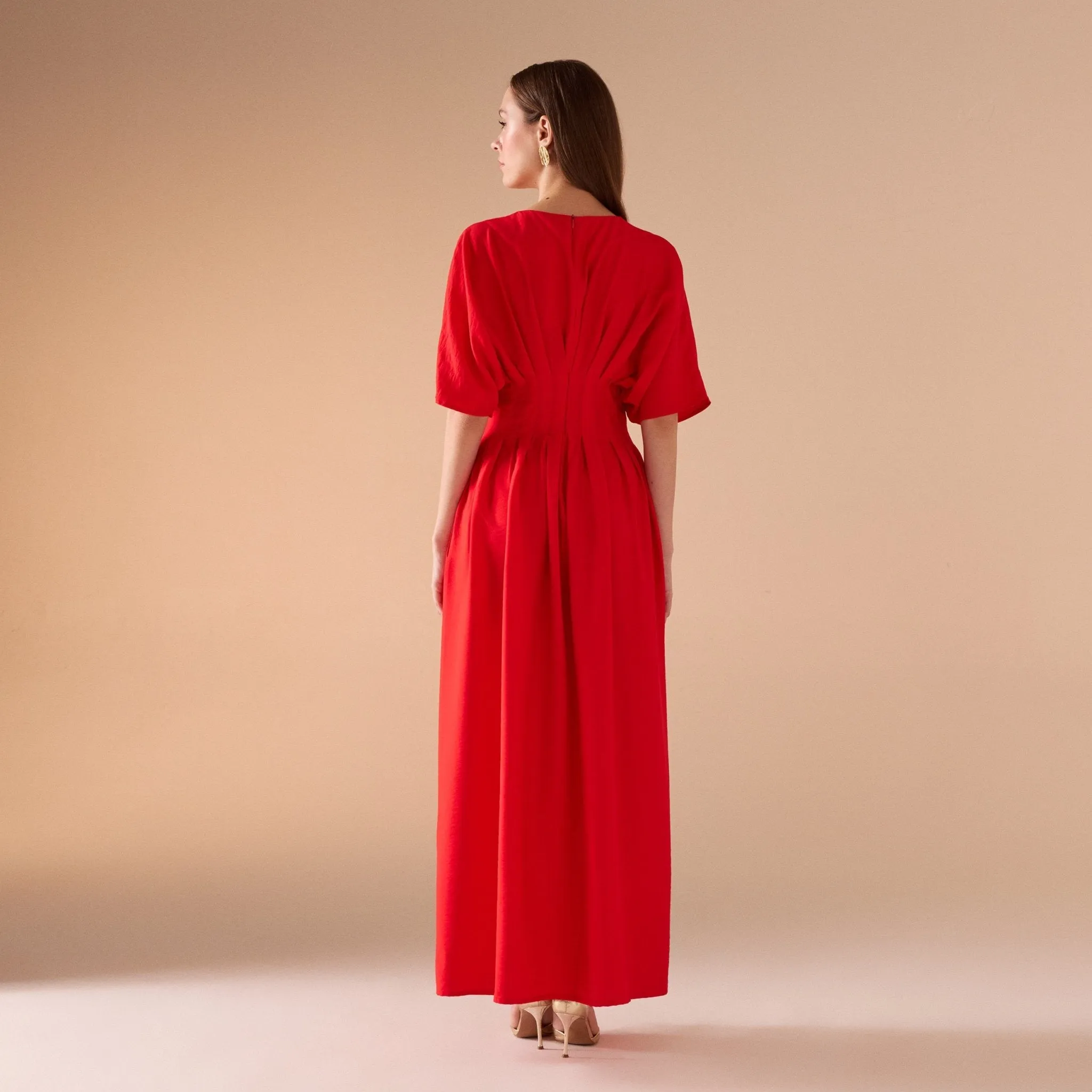 Red Ruched Waist Viscose Dress