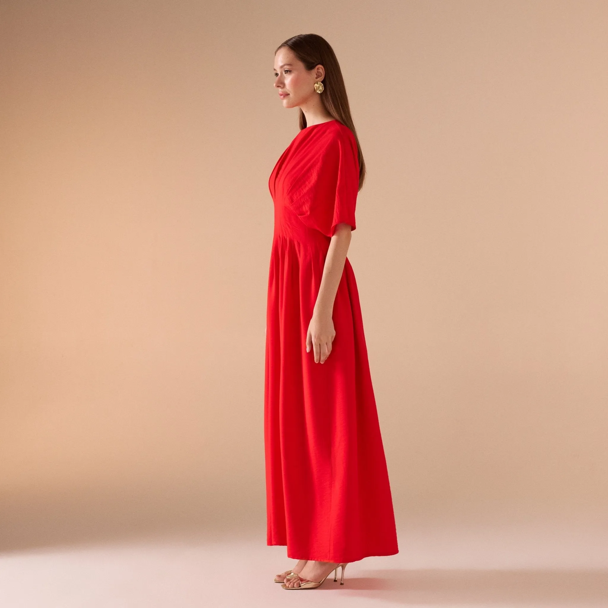Red Ruched Waist Viscose Dress