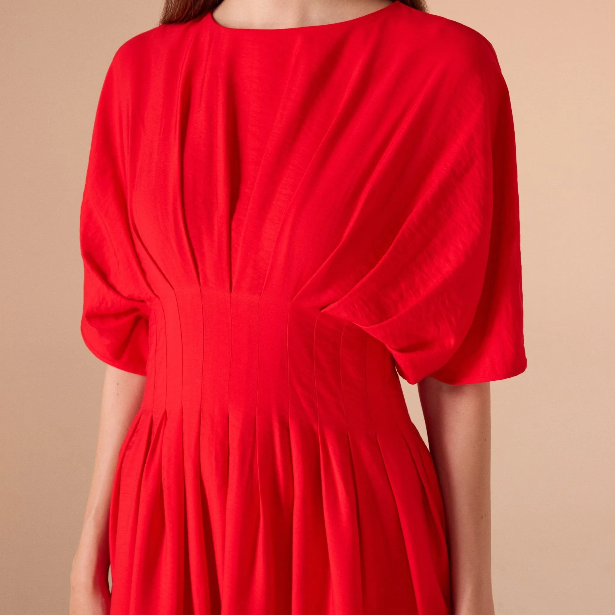 Red Ruched Waist Viscose Dress