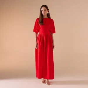 Red Ruched Waist Viscose Dress