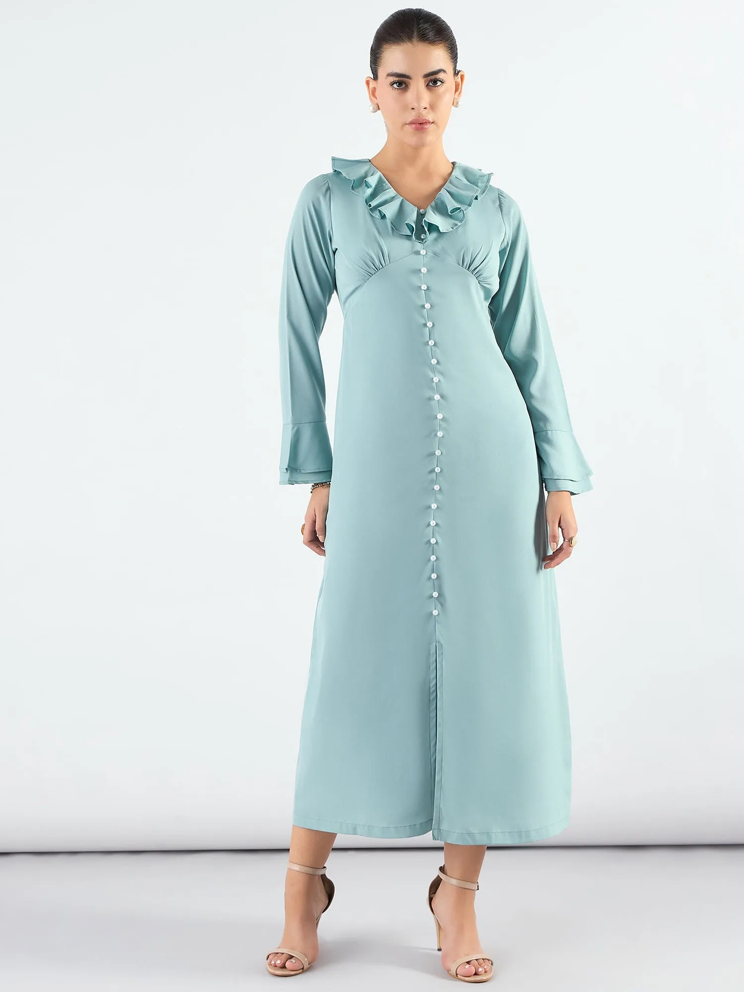 Sea Green Viscose Ruffled Collar & Pearl Buttons Dress