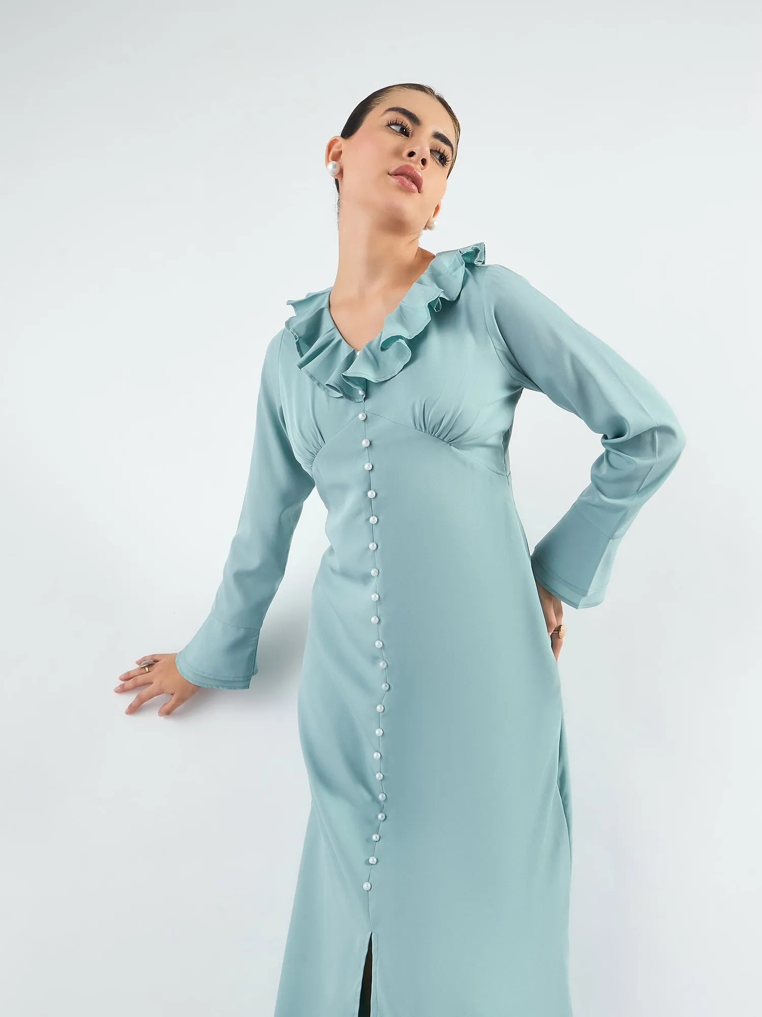 Sea Green Viscose Ruffled Collar & Pearl Buttons Dress