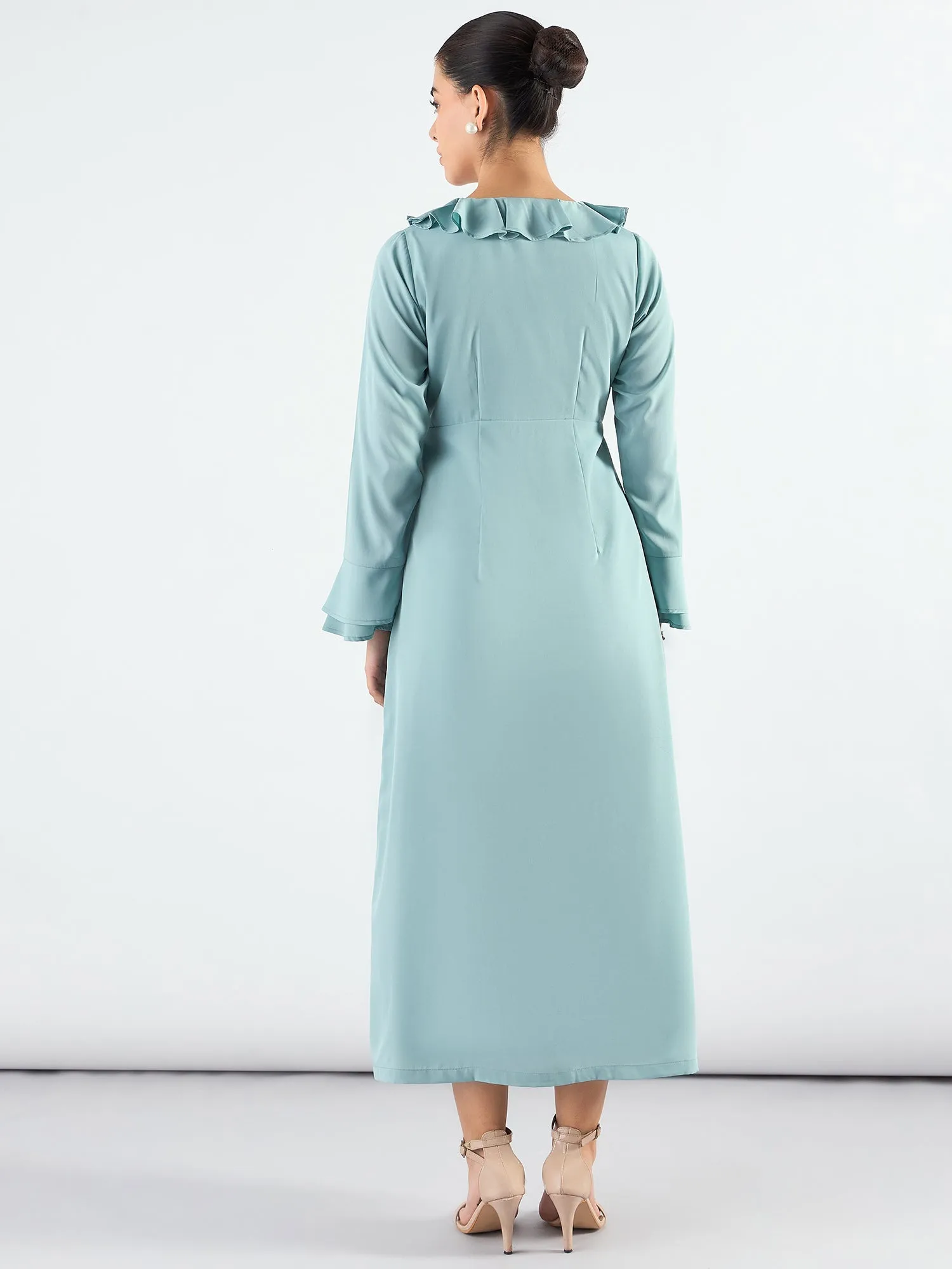 Sea Green Viscose Ruffled Collar & Pearl Buttons Dress