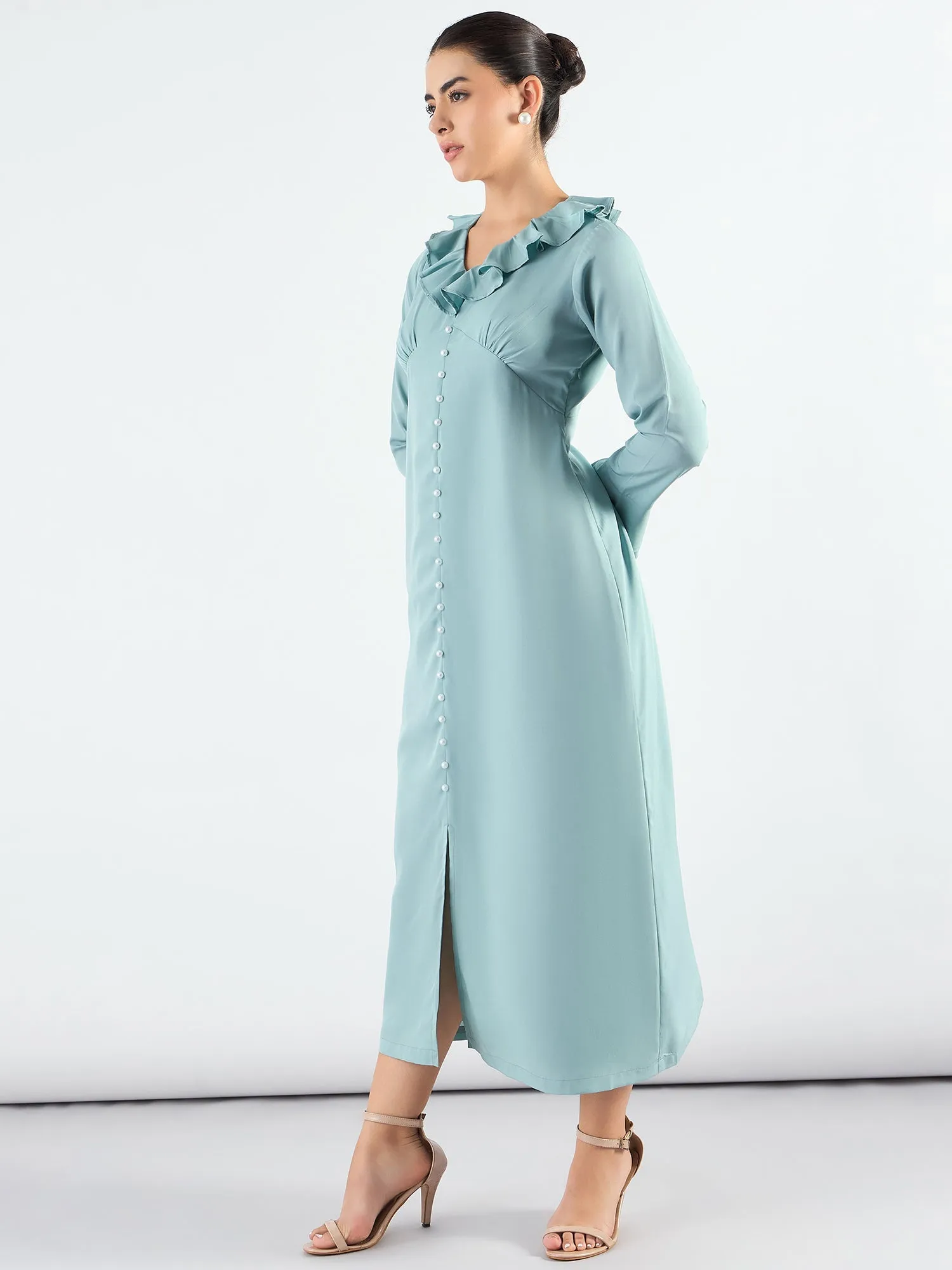 Sea Green Viscose Ruffled Collar & Pearl Buttons Dress