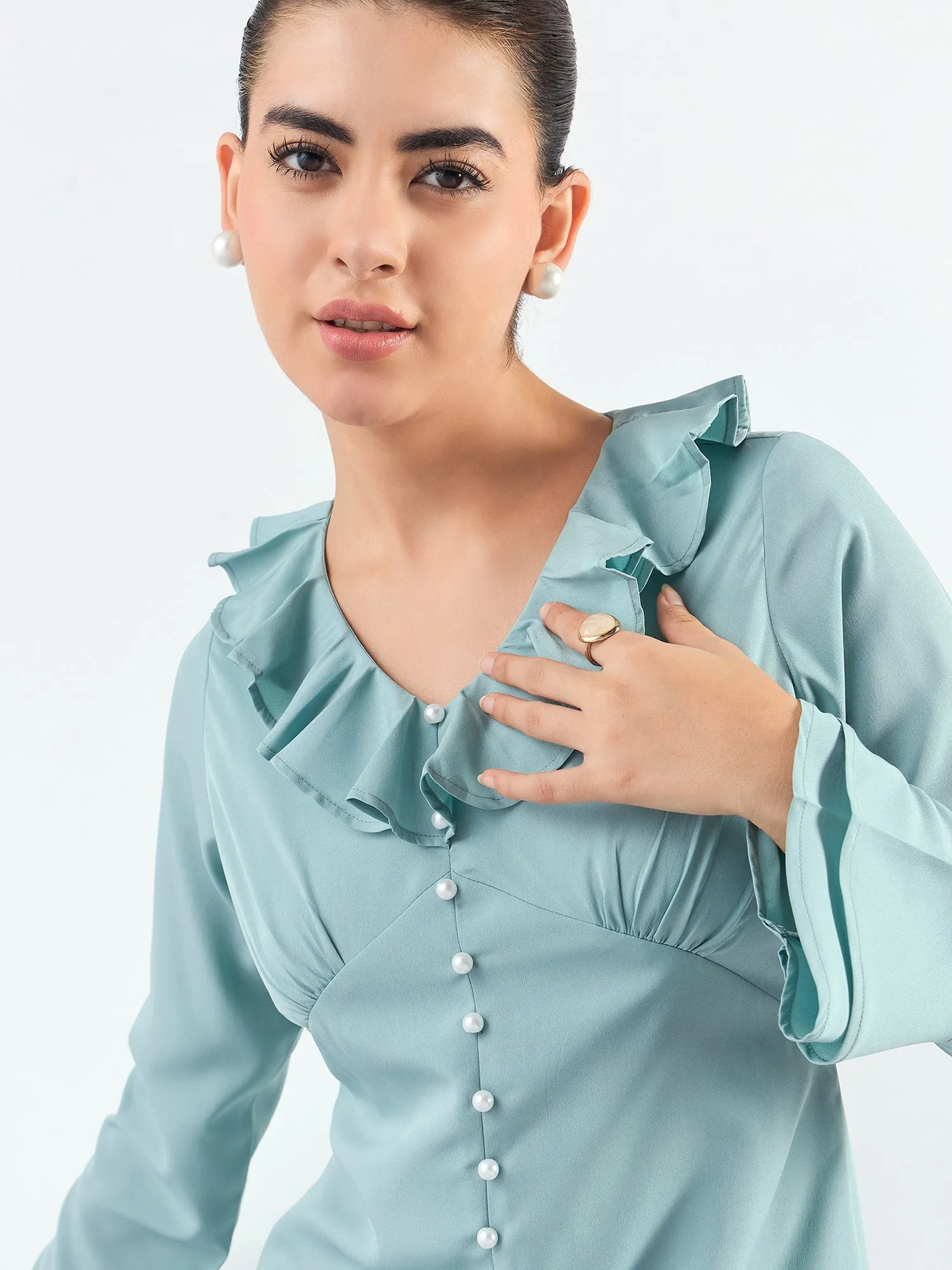 Sea Green Viscose Ruffled Collar & Pearl Buttons Dress