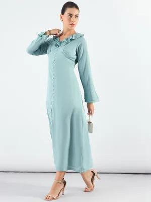 Sea Green Viscose Ruffled Collar & Pearl Buttons Dress