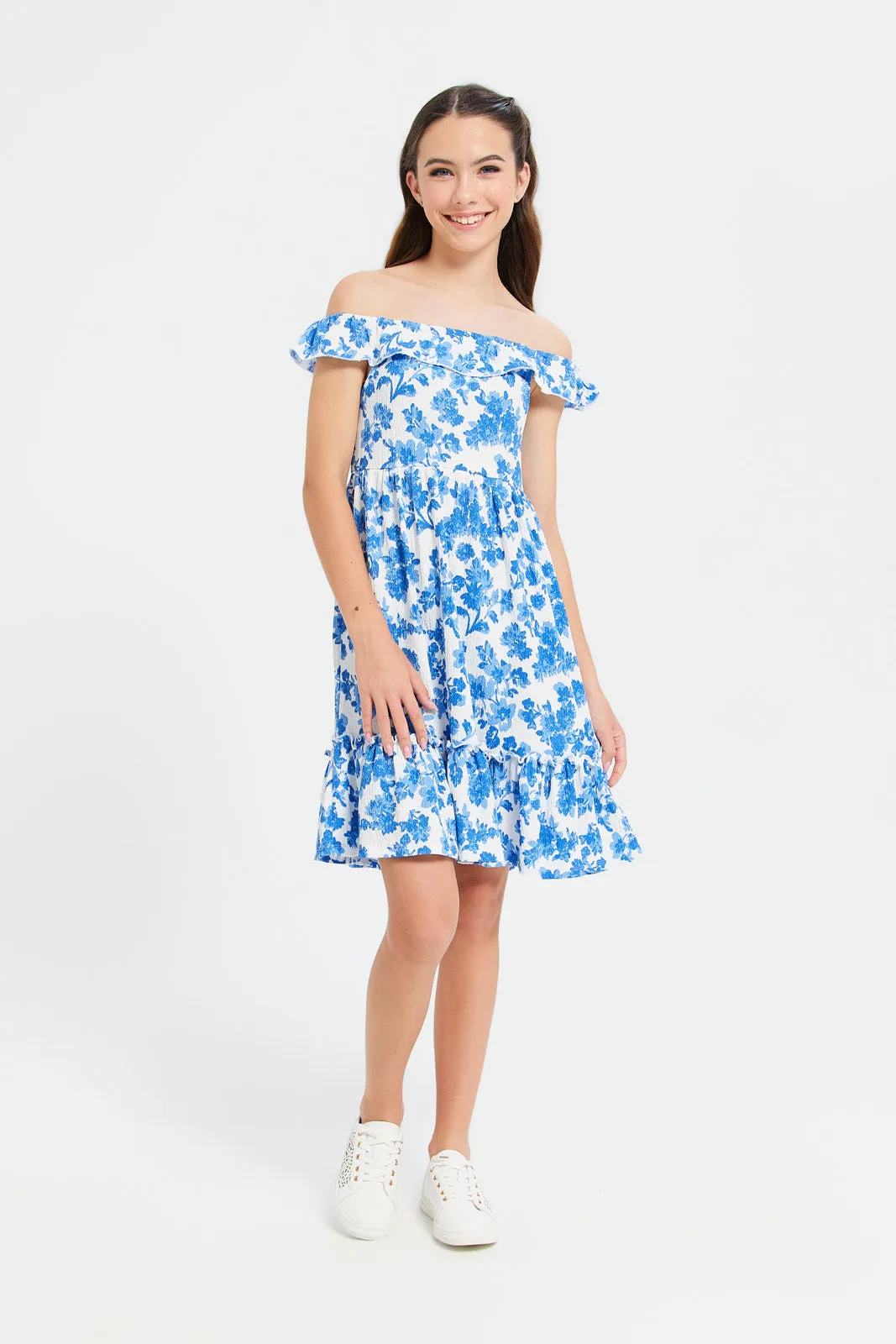 Senior Girls Blue Floral Print Dress
