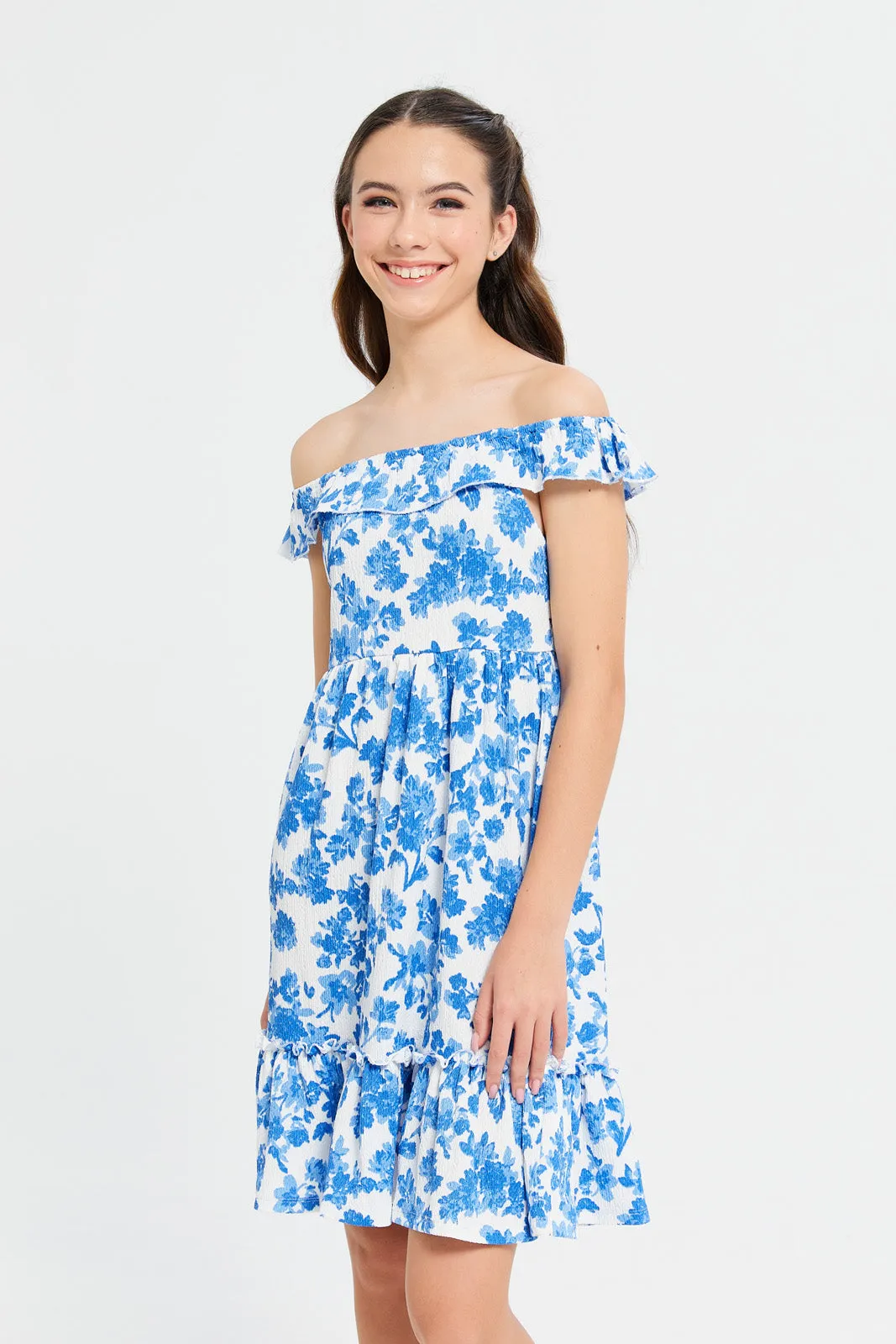 Senior Girls Blue Floral Print Dress