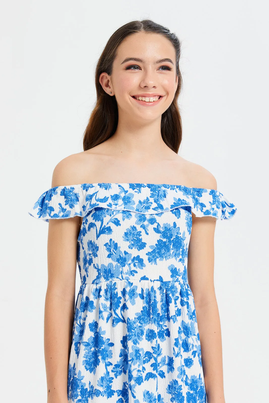 Senior Girls Blue Floral Print Dress