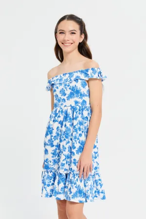 Senior Girls Blue Floral Print Dress