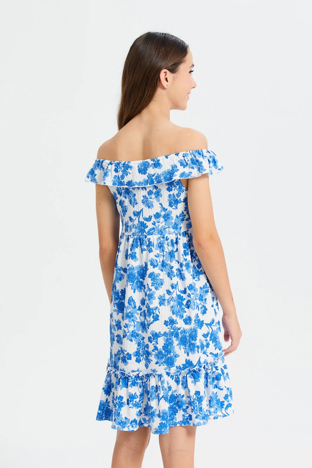 Senior Girls Blue Floral Print Dress