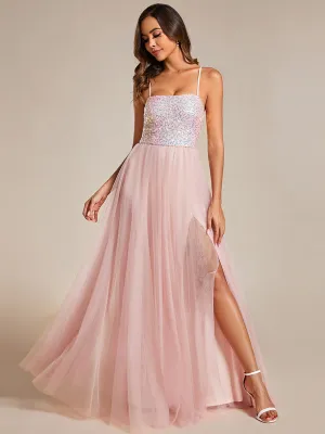 Sequin Tulle Spaghetti Strap High Split Bridesmaid Dress