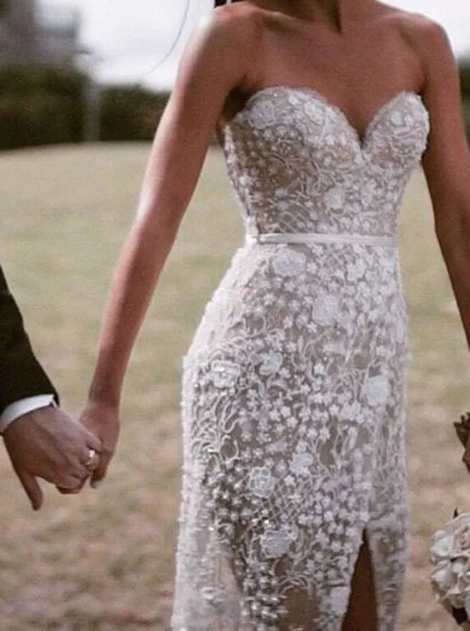 Sexy Sweetheart Asymmetry Lace Long Casual Wedding Dress with Slit PFW0093