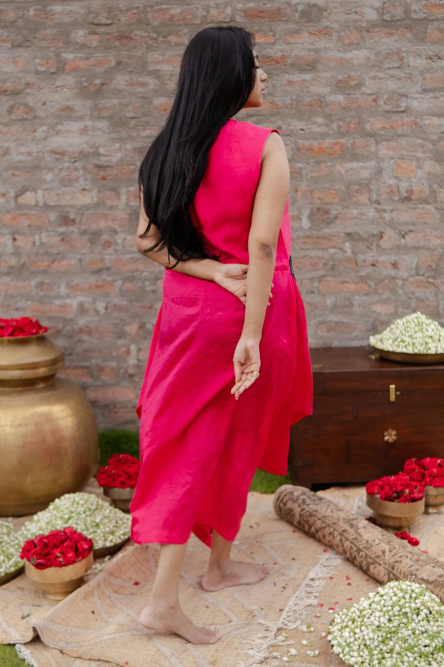 Silk asymmetrical sleeveless dress with vintage Benaras pocket- Sugandha
