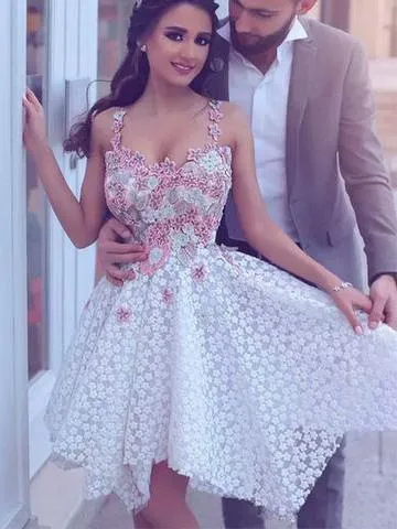 Spaghetti-straps V-Neck Applique Asymmetry Short Prom Graduation Dress